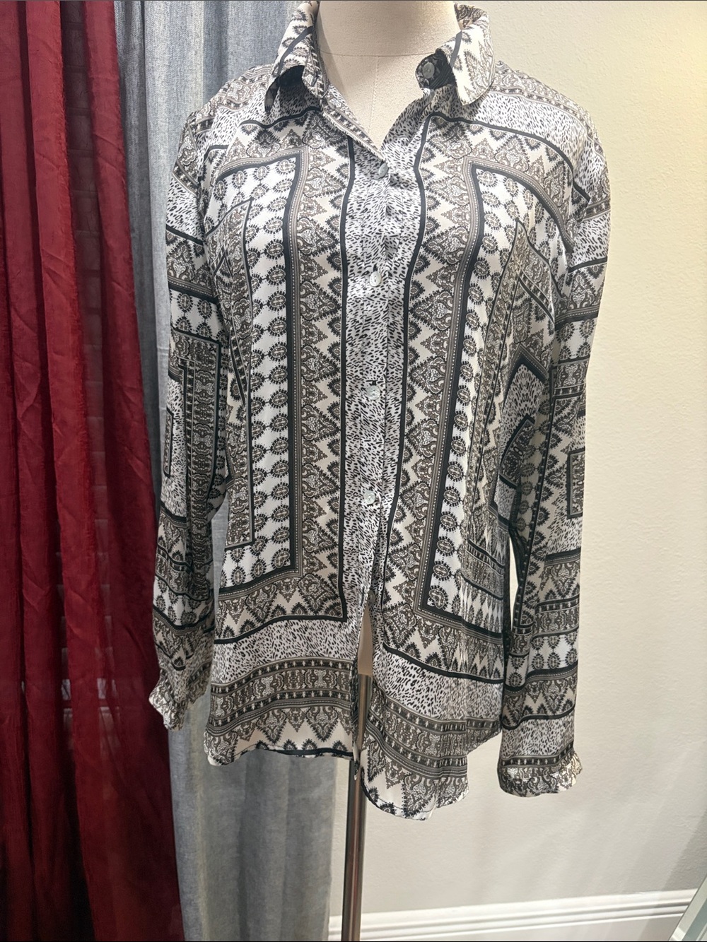 Chico's White and Black Printed Button-Front Blouse
